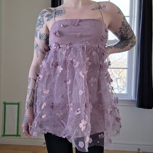 Trixxi Lavender 3D Floral Appliqué Tulle Babydoll Top